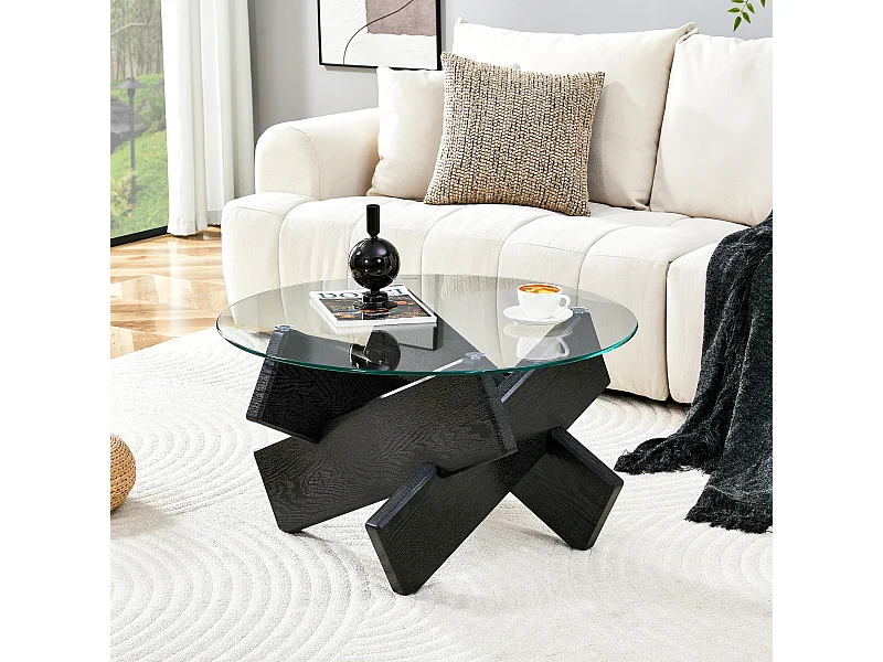 Table basse ronde avec pieds grain de bois noir - Plateau en verre