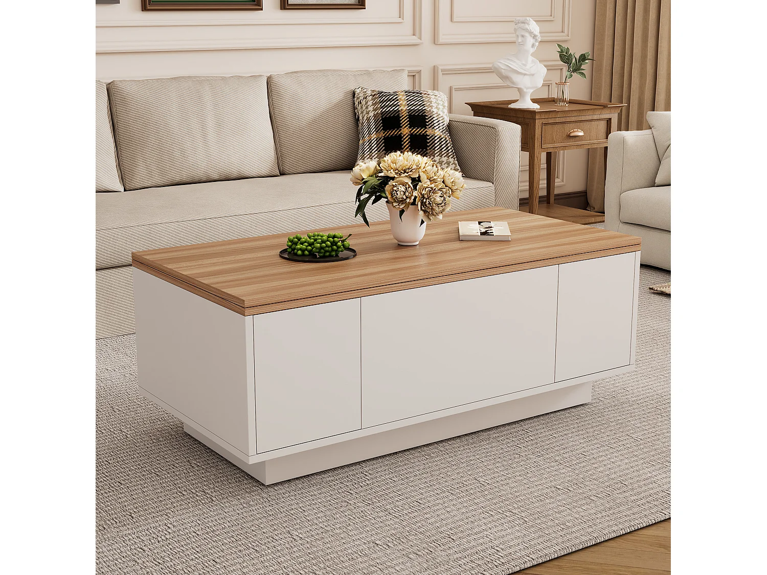 Tavolino da caffè con piano sollevabile e 2 ante - 2 ripiani regolabili - Bianco + naturale