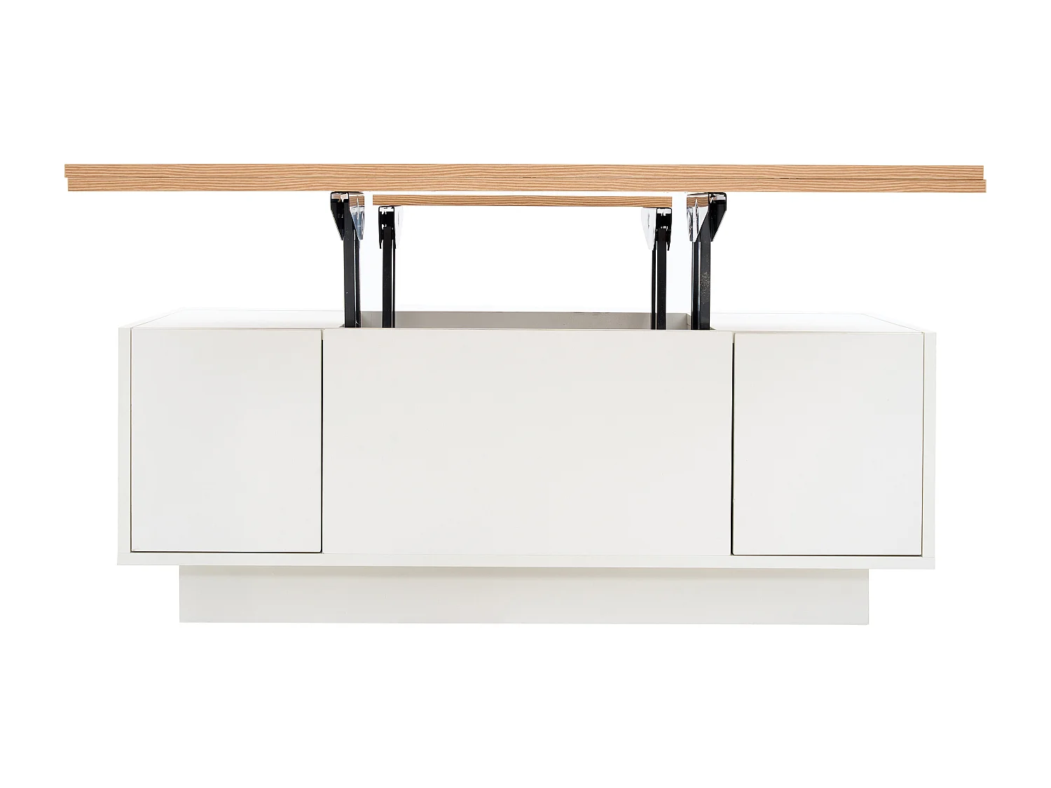 Table basse relevable avec 2 portes - 2 plateaux réglables - Blanc + naturel