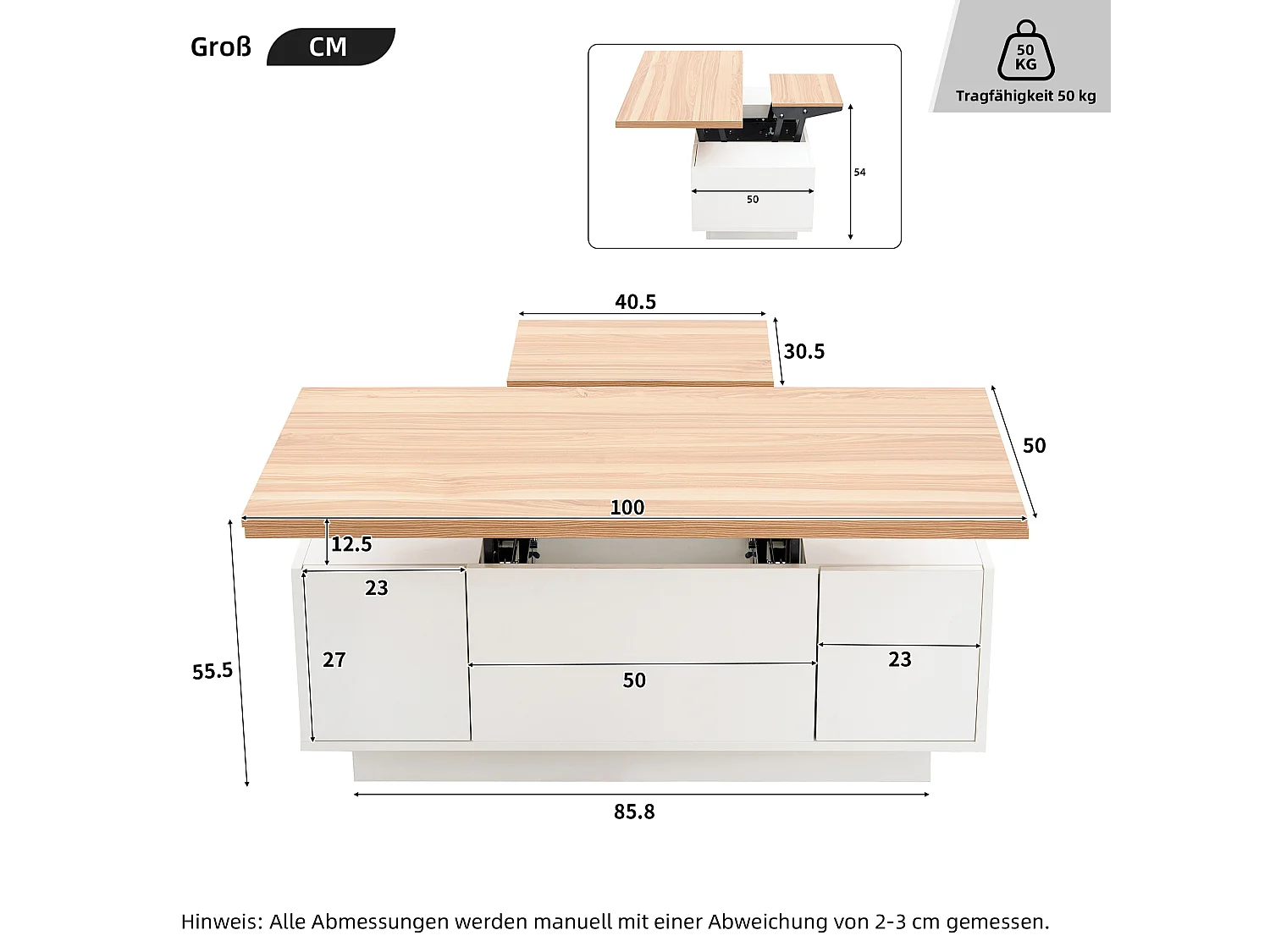 Table basse relevable avec 2 portes - 2 plateaux réglables - Blanc + naturel
