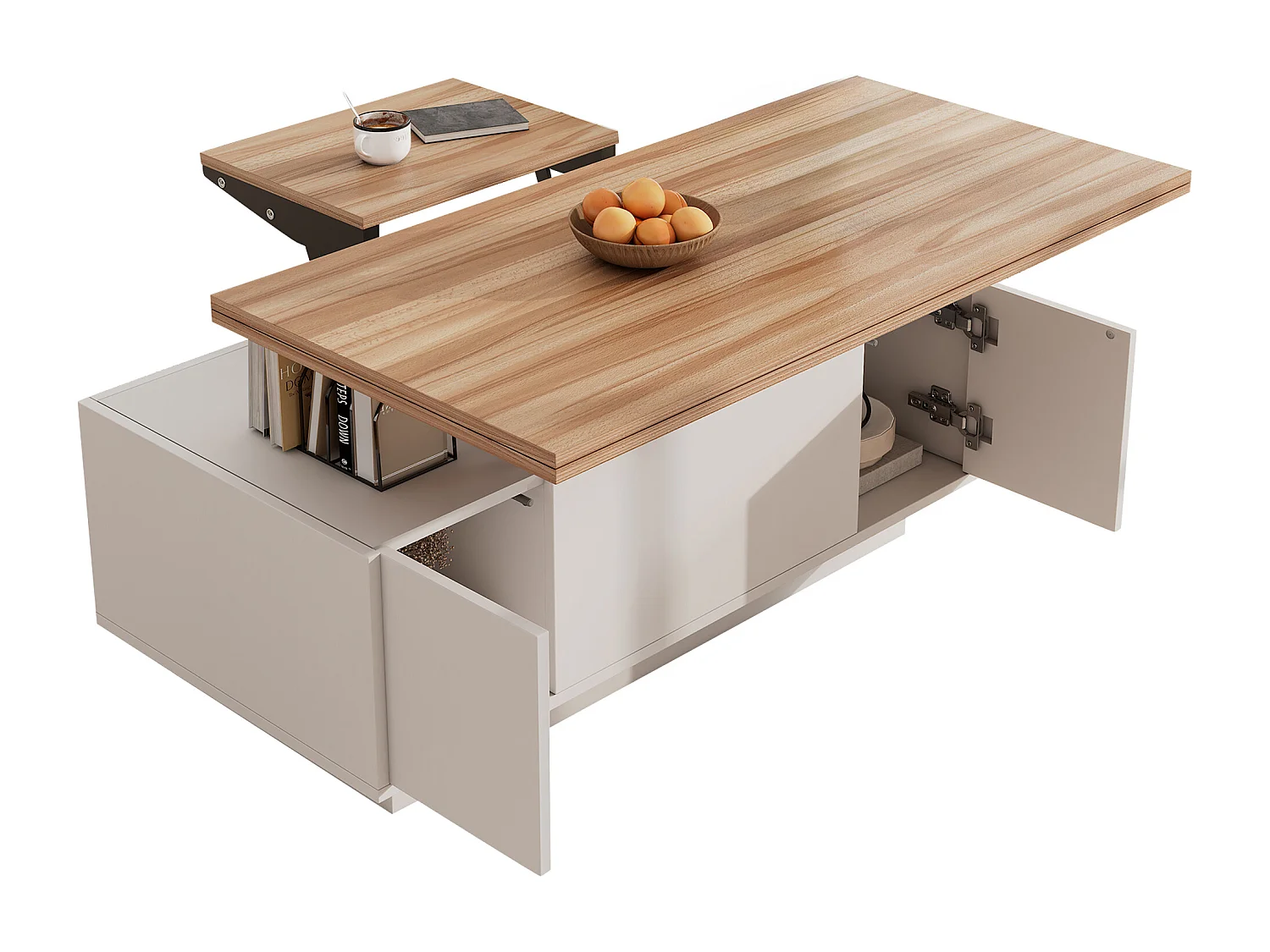 Table basse relevable avec 2 portes - 2 plateaux réglables - Blanc + naturel