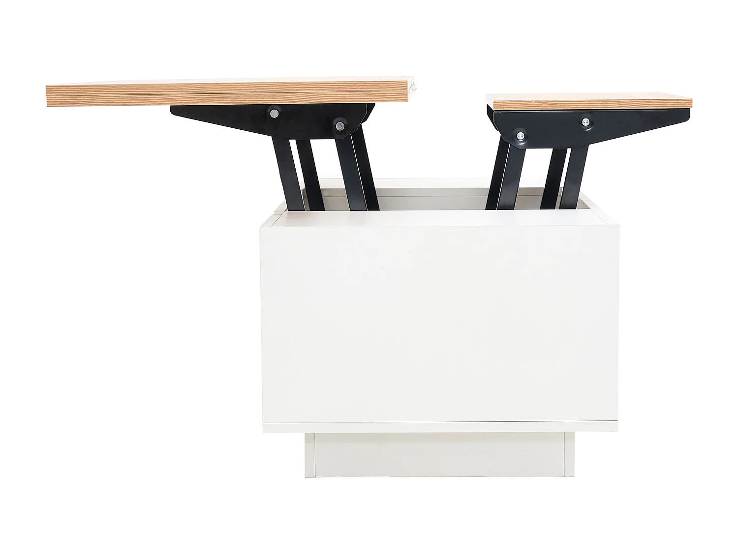 Table basse relevable avec 2 portes - 2 plateaux réglables - Blanc + naturel