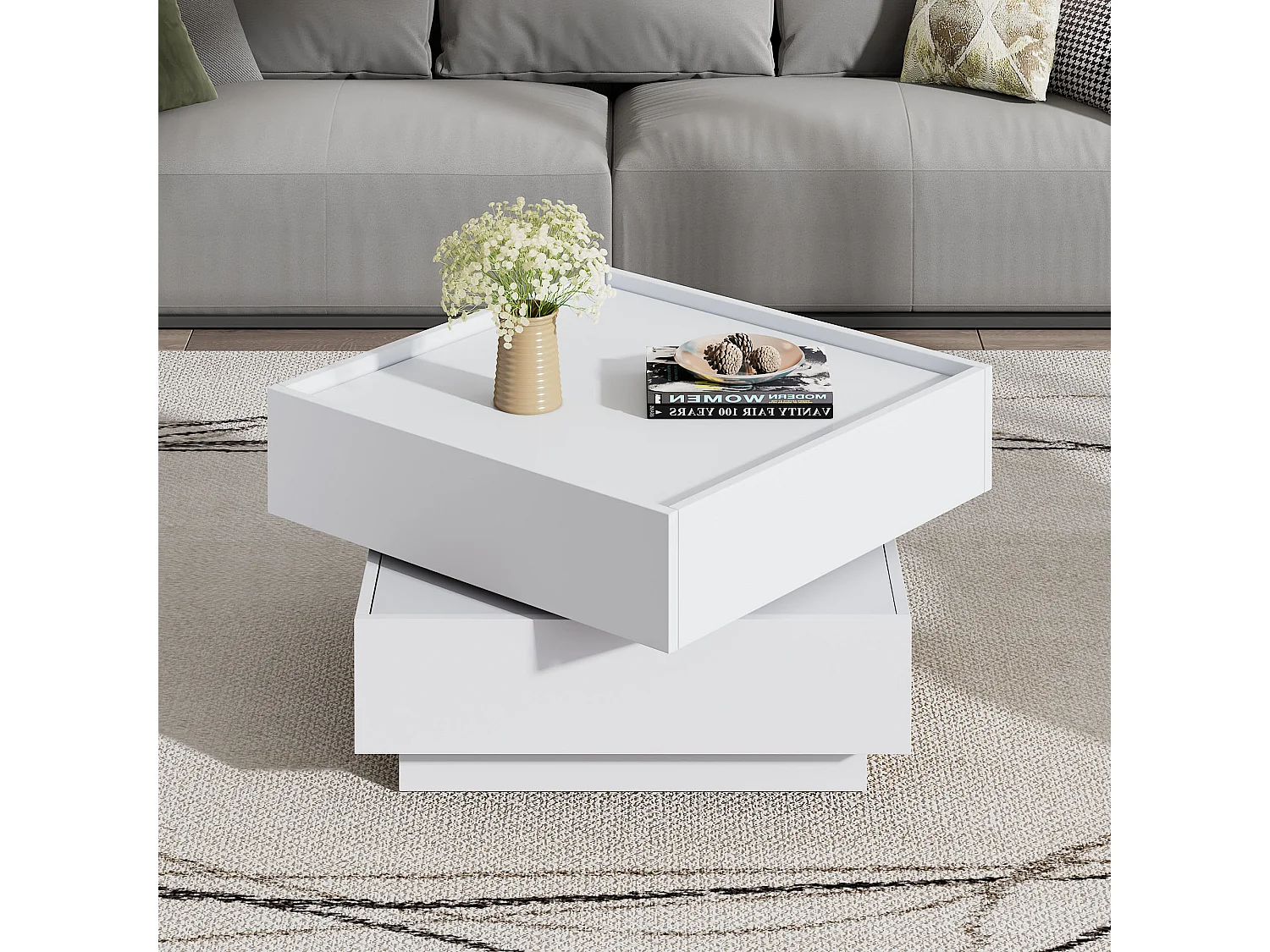 Mesa de centro con 2 cajones, tapa giratoria 360°, blanca