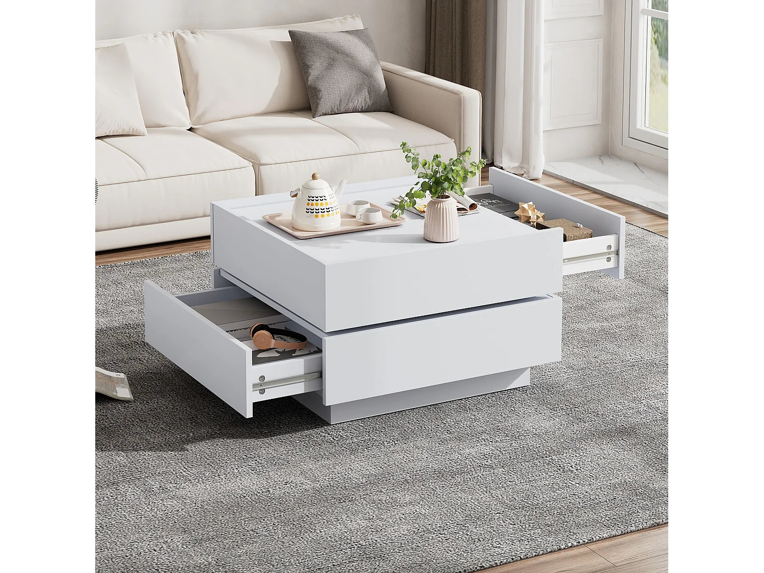 Mesa de centro con 2 cajones, tapa giratoria 360°, blanca