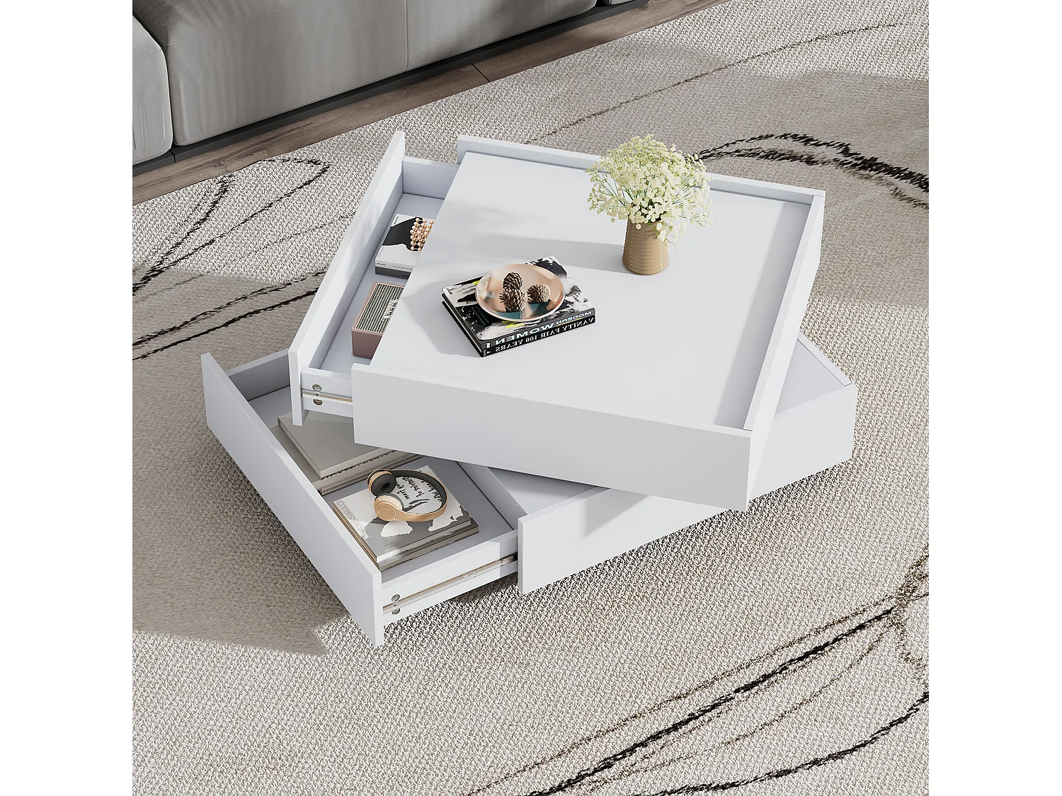 Table basse avec 2 tiroirs, plateau pivotant à 360°, blanche