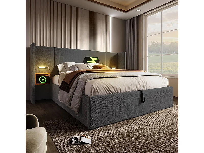 Tweepersoonsbed met opbergruimte 180x200 cm, nachtkastje, leeslamp en USB Type-C-aansluiting, grijze linnen stof