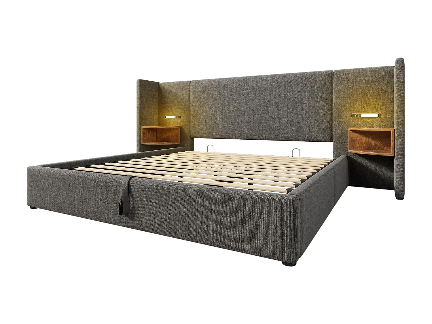 Tweepersoonsbed met opbergruimte 180x200 cm, nachtkastje, leeslamp en USB Type-C-aansluiting, grijze linnen stof