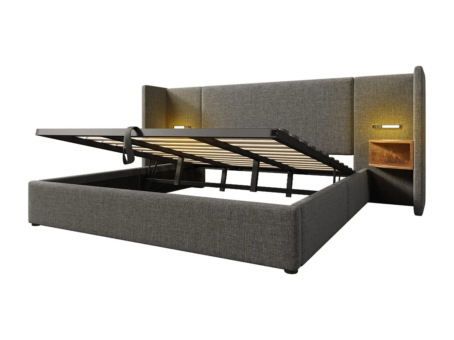 Lit double coffre180x200cm avec table de chevet, lampe de lecture et port USB, Type-C , tissu lin gris