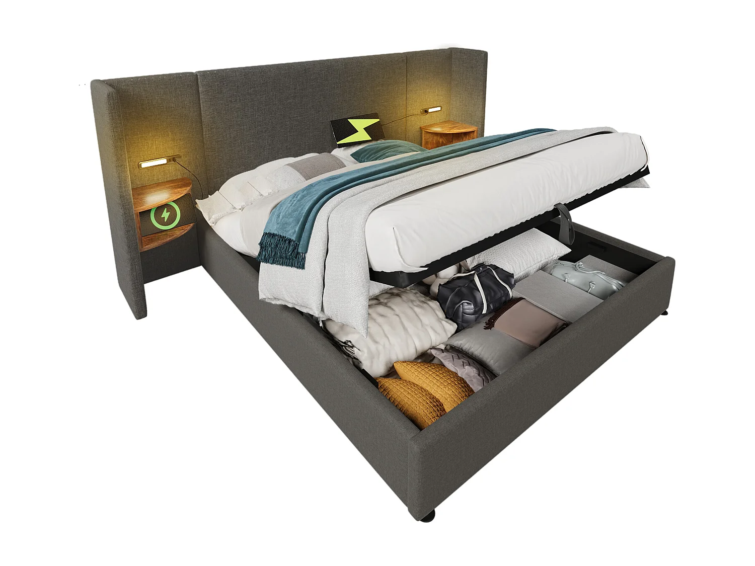 Lit double coffre180x200cm avec table de chevet, lampe de lecture et port USB, Type-C , tissu lin gris