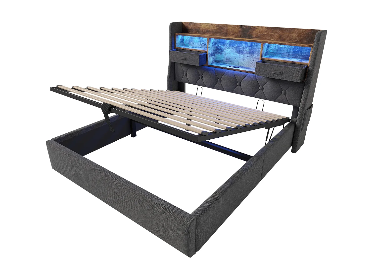 Cama con almacenaje para adultos de 160x200cm con iluminación LED, 2 cajones, puerto USB-C y 3 puertos USB - Tapizada en lino gris