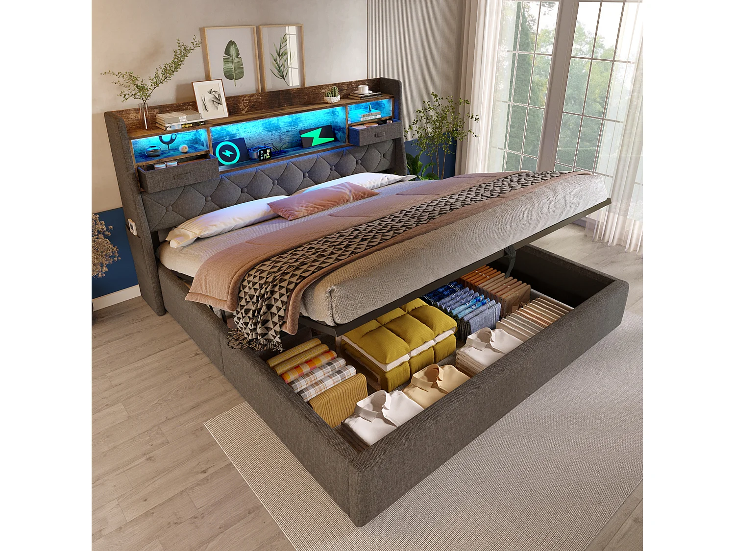 Cama con almacenaje para adultos de 160x200cm con iluminación LED, 2 cajones, puerto USB-C y 3 puertos USB - Tapizada en lino gris