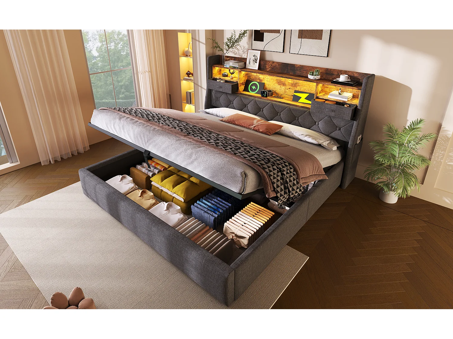 Lit coffre adulte 160x200cm avec LED, 2 tiroirs, Type-C et 3 USB - Tissu lin gris