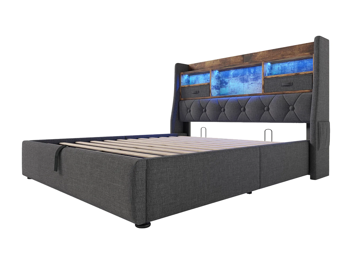 Lit coffre adulte 160x200cm avec LED, 2 tiroirs, Type-C et 3 USB - Tissu lin gris