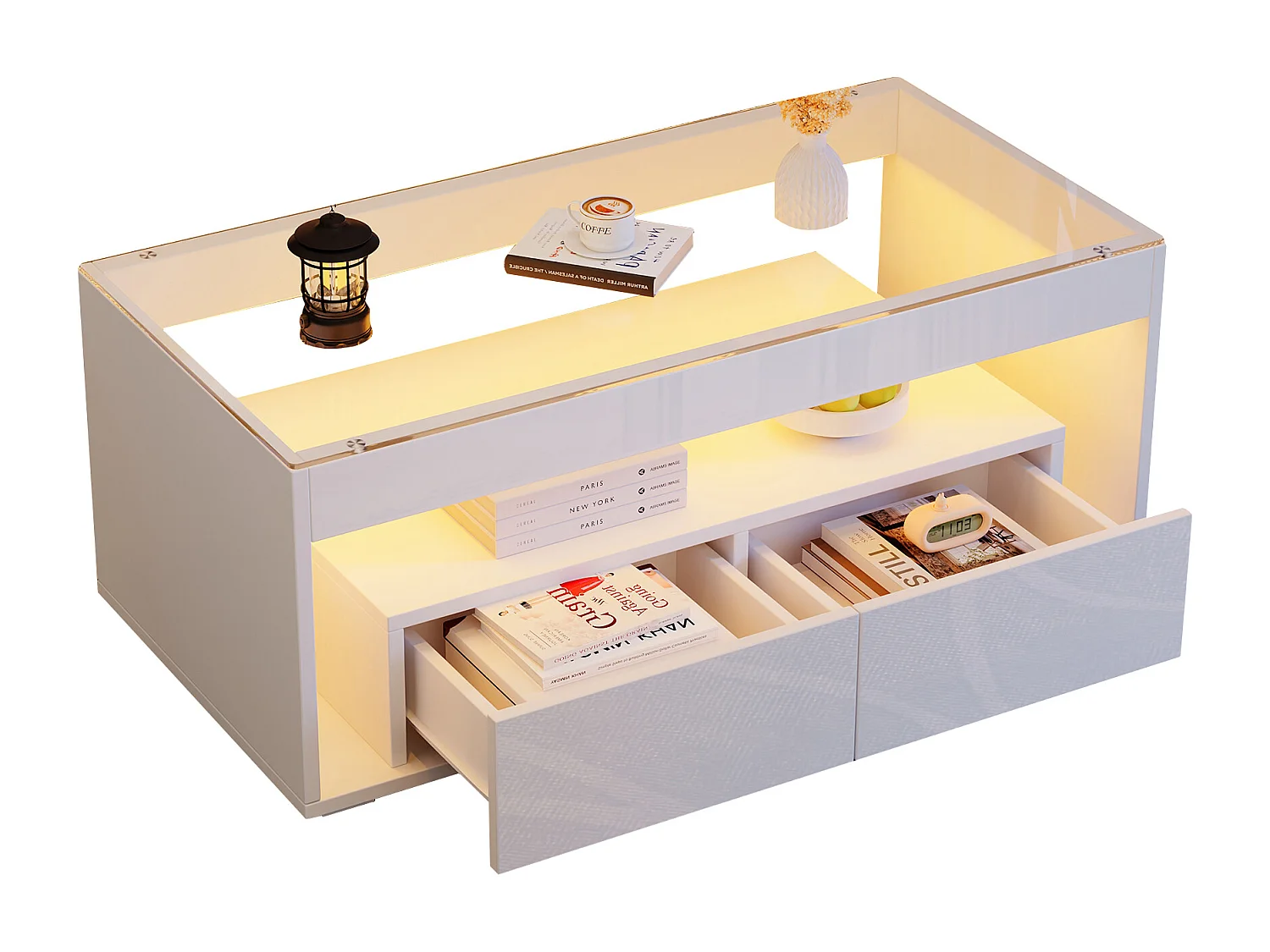 Table basse avec 2 tiroirs et étagères, LED, plateau en verre trempé,surface blanc