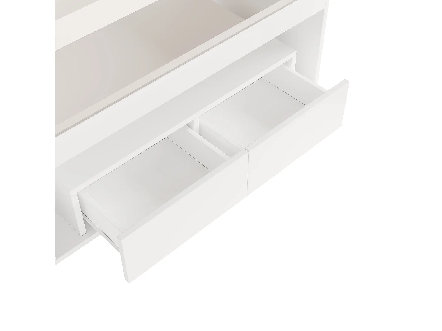 Table basse avec 2 tiroirs et étagères, LED, plateau en verre trempé,surface blanc