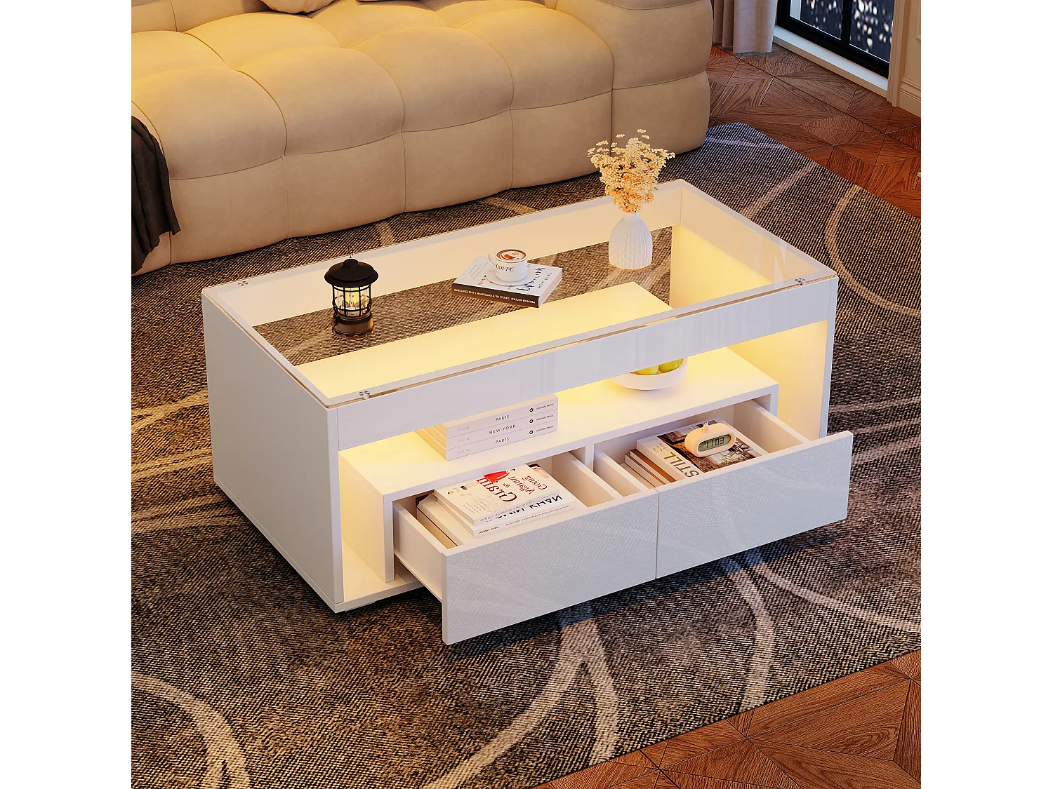 Table basse avec 2 tiroirs et étagères, LED, plateau en verre trempé,surface blanc