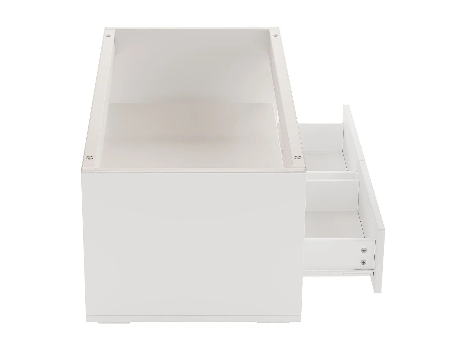 Table basse avec 2 tiroirs et étagères, LED, plateau en verre trempé,surface blanc