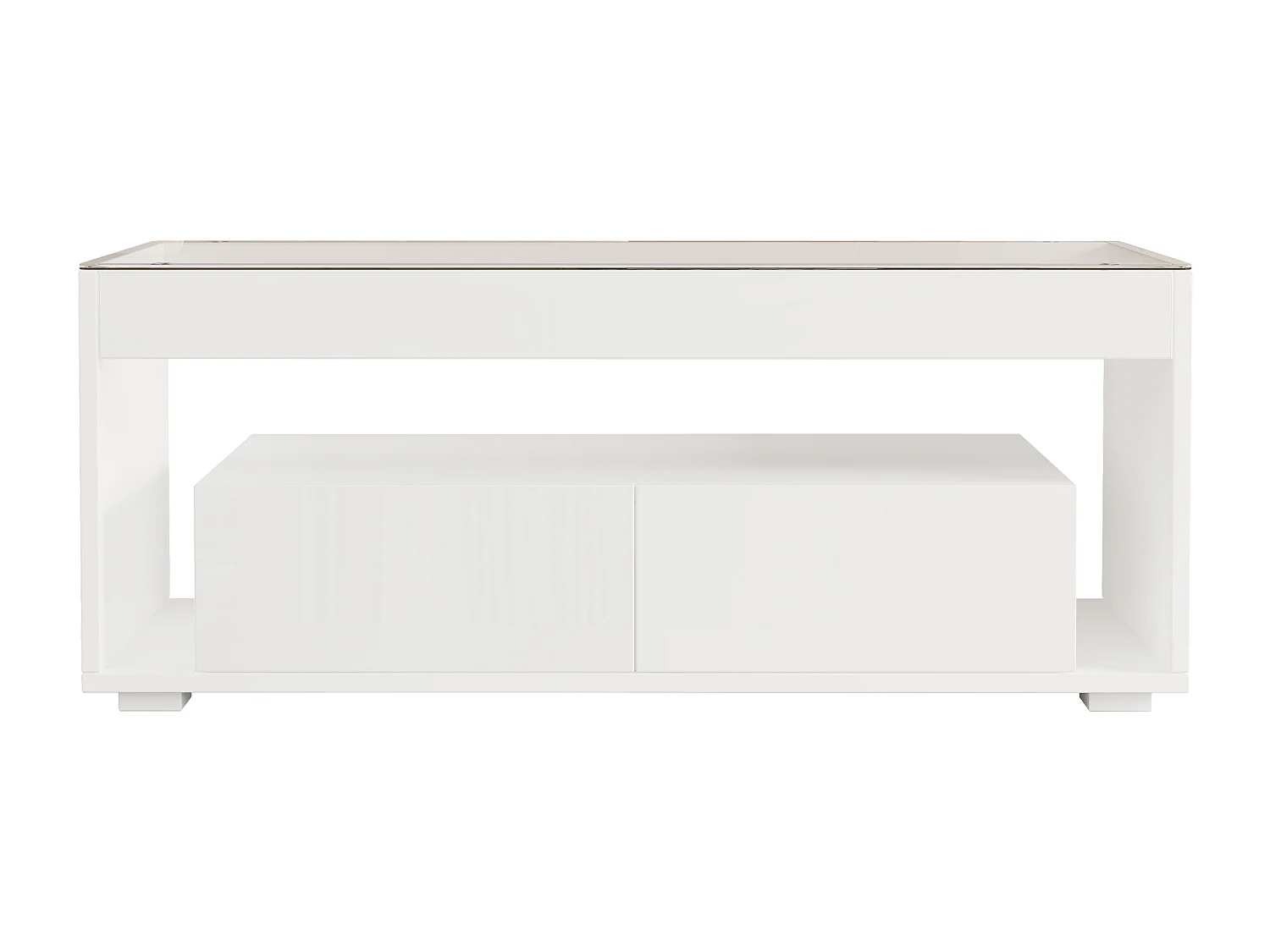 Table basse avec 2 tiroirs et étagères, LED, plateau en verre trempé,surface blanc