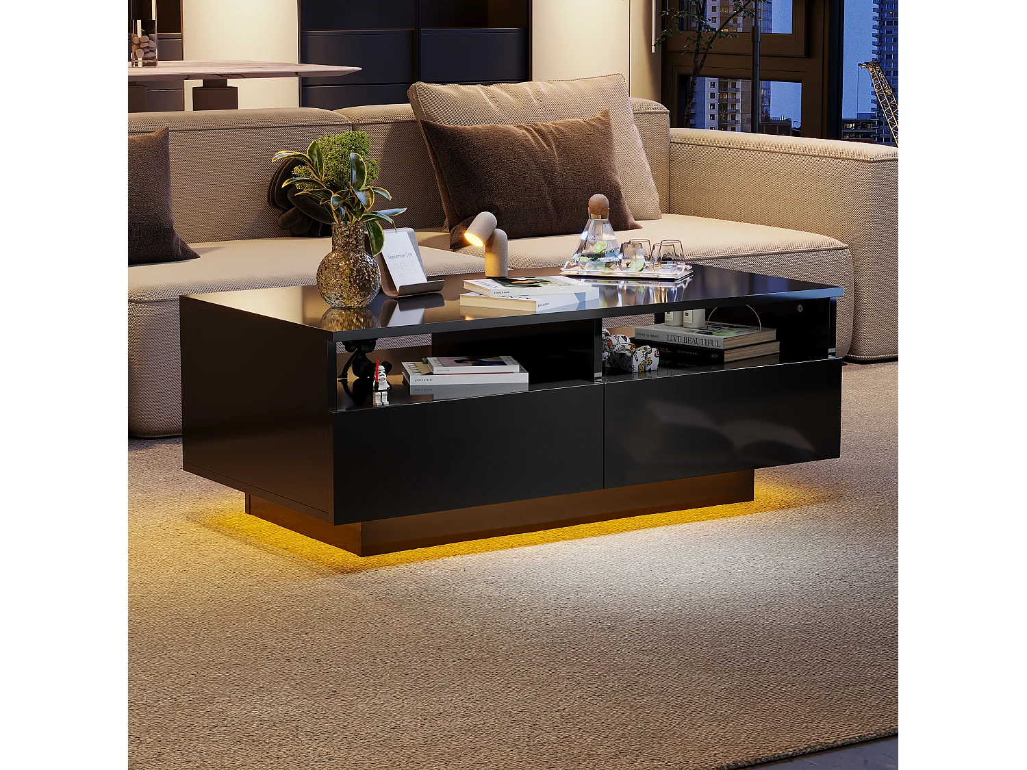 Mesa de centro com acabamento lacado brilhante, 2 gavetas, iluminação LED, preta.