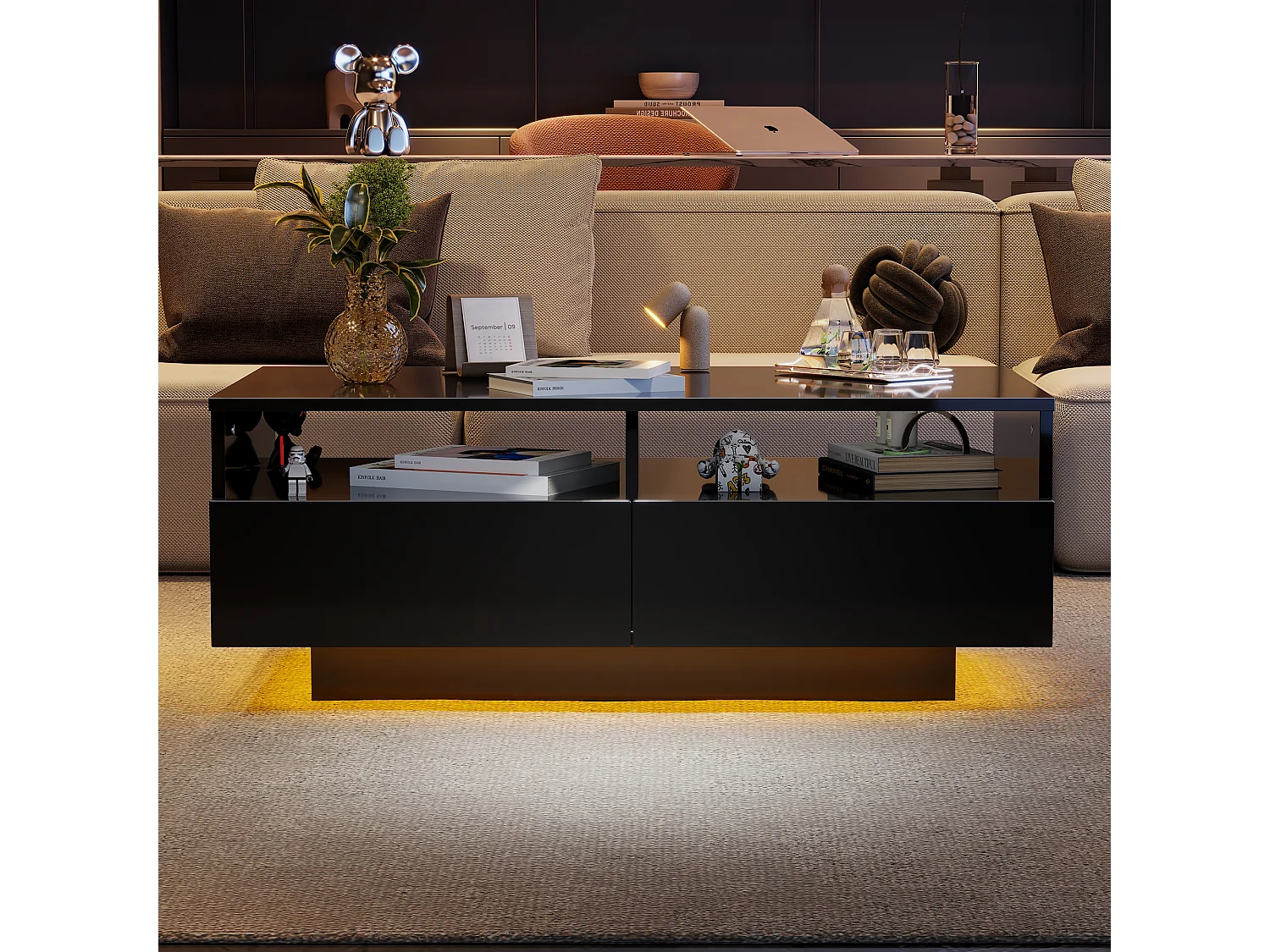 Mesa de centro com acabamento lacado brilhante, 2 gavetas, iluminação LED, preta.