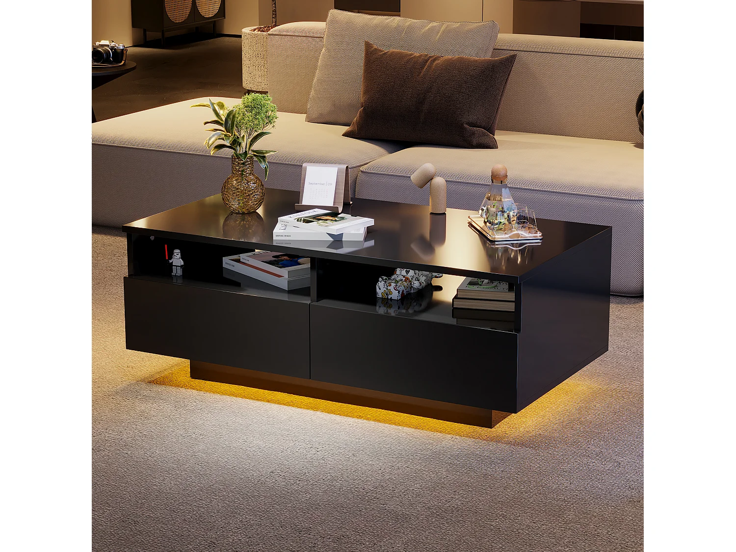 Mesa de centro com acabamento lacado brilhante, 2 gavetas, iluminação LED, preta.