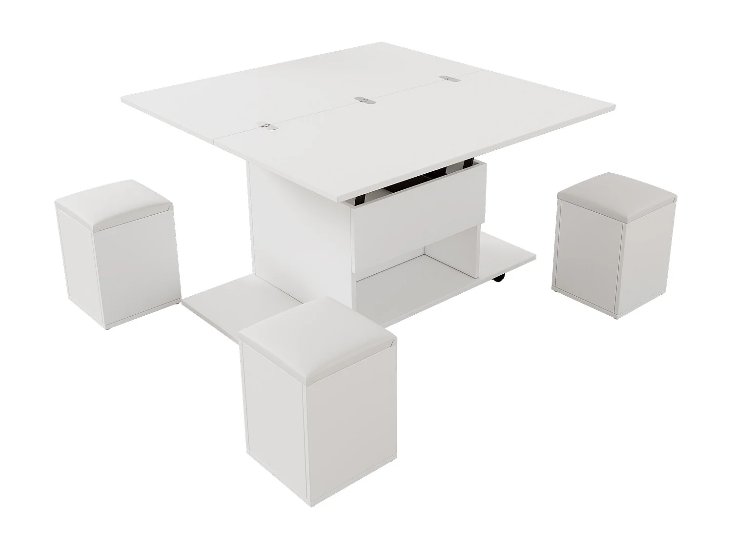 Tavolino da caffè con piano sollevabile, 4 sgabelli contenitore e 4 ruote - Bianco