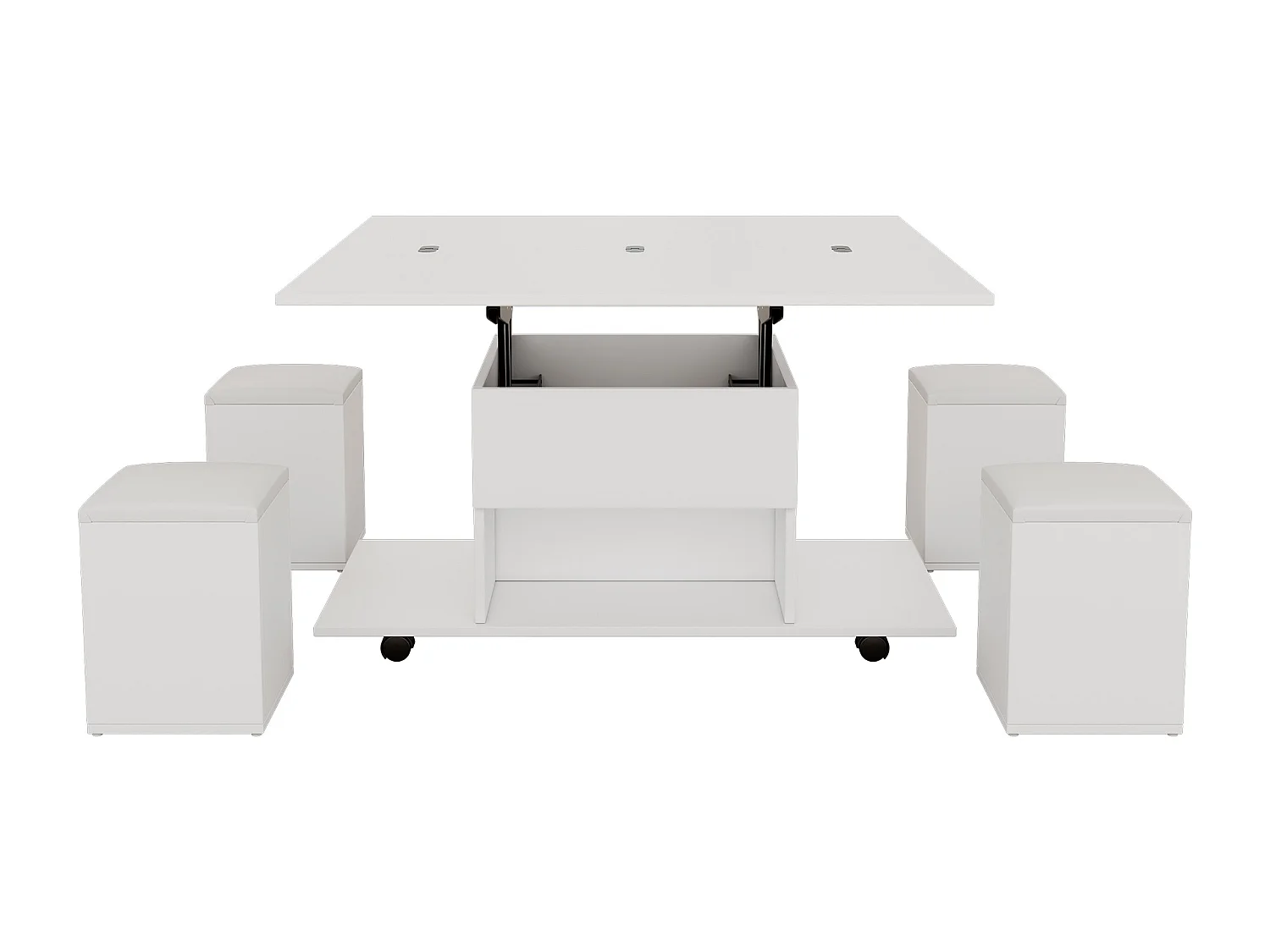 Table basse relevable avec 4 tabourets de rangement et 4 roulettes - Blanc