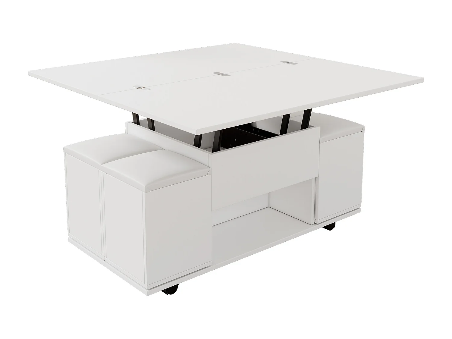 Table basse relevable avec 4 tabourets de rangement et 4 roulettes - Blanc