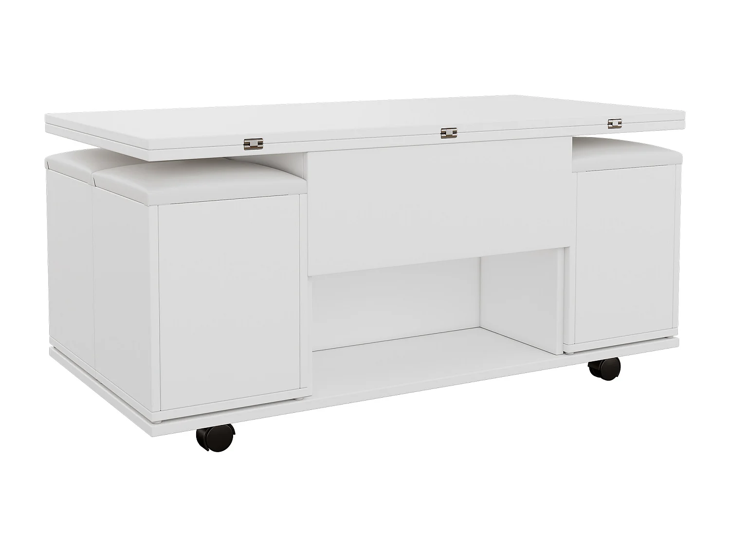 Table basse relevable avec 4 tabourets de rangement et 4 roulettes - Blanc