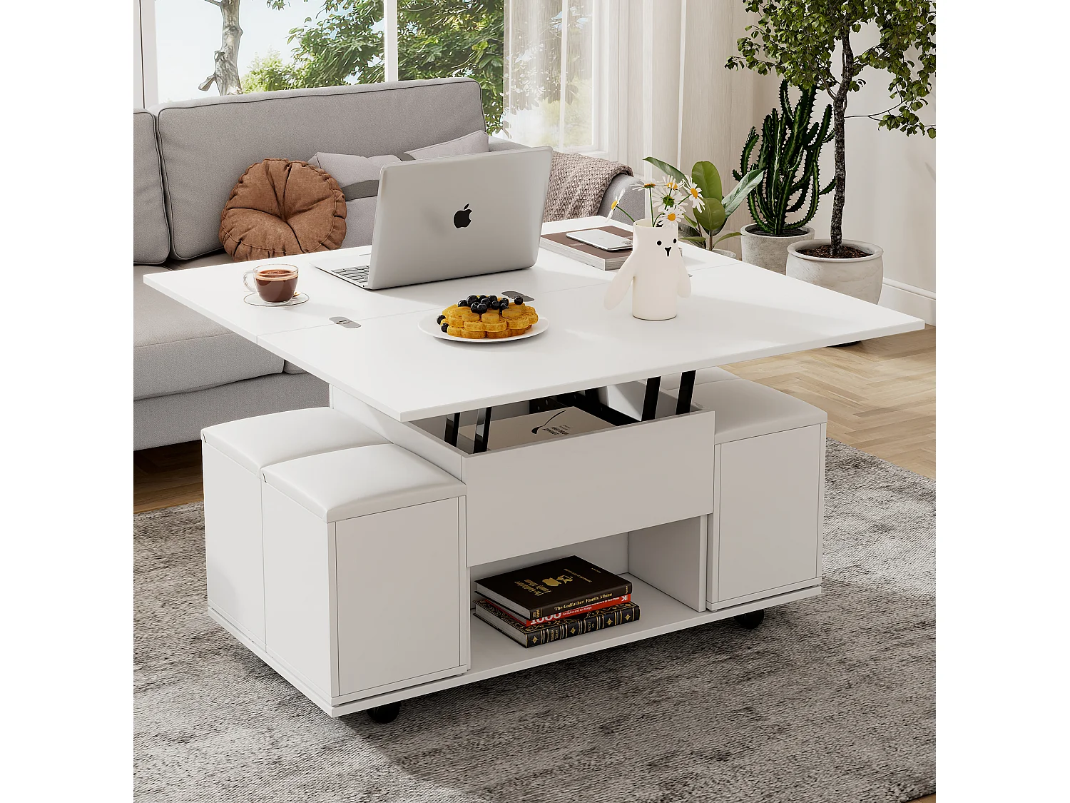 Table basse relevable avec 4 tabourets de rangement et 4 roulettes - Blanc