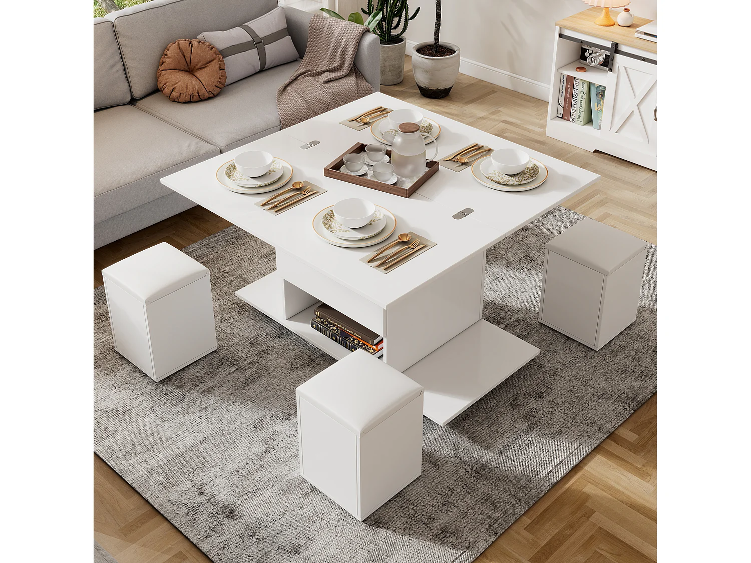 Table basse relevable avec 4 tabourets de rangement et 4 roulettes - Blanc