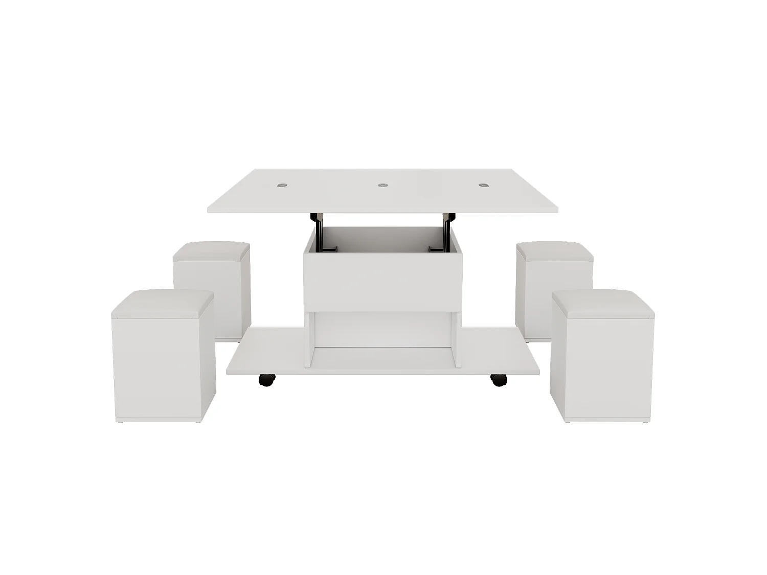 Table basse relevable avec 4 tabourets de rangement et 4 roulettes - Blanc