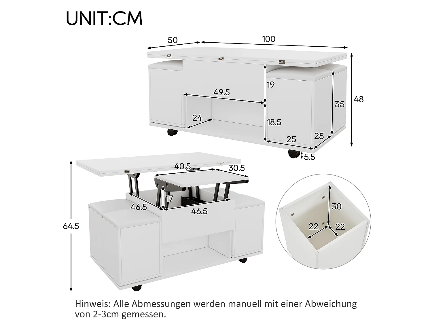 Table basse relevable avec 4 tabourets de rangement et 4 roulettes - Blanc
