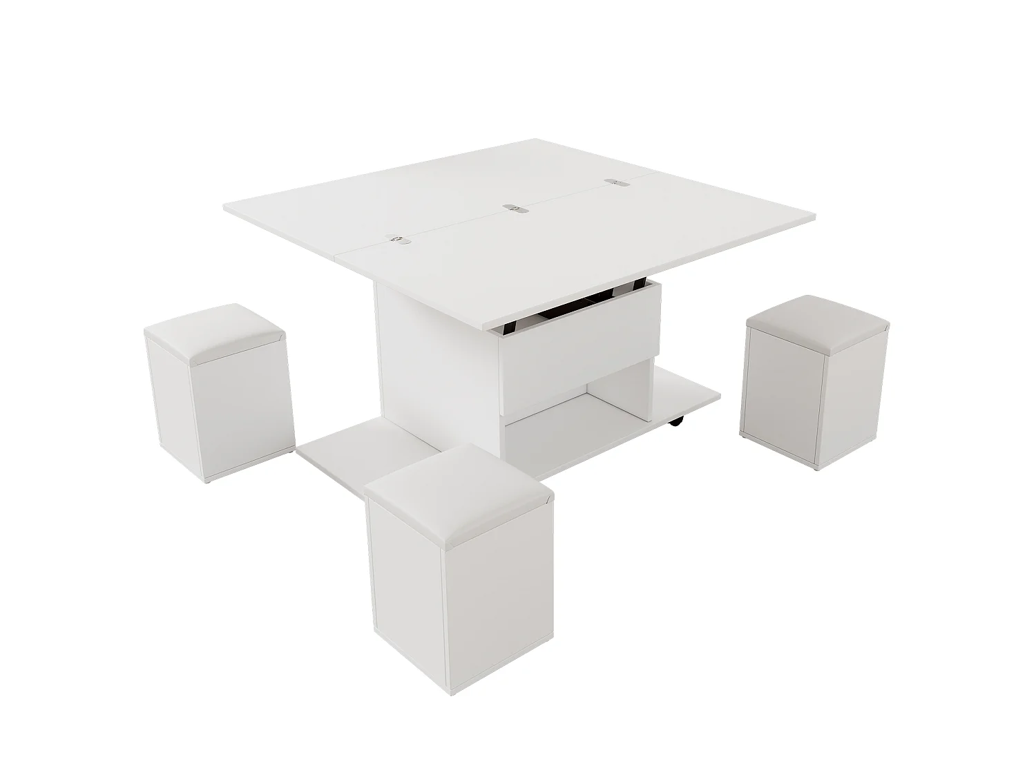Table basse relevable avec 4 tabourets de rangement et 4 roulettes - Blanc