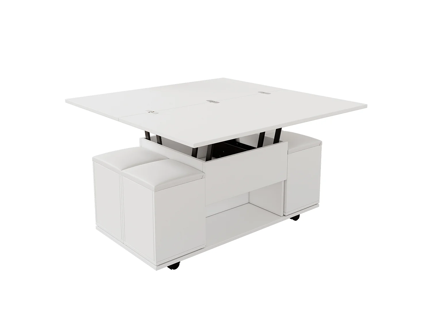 Table basse relevable avec 4 tabourets de rangement et 4 roulettes - Blanc