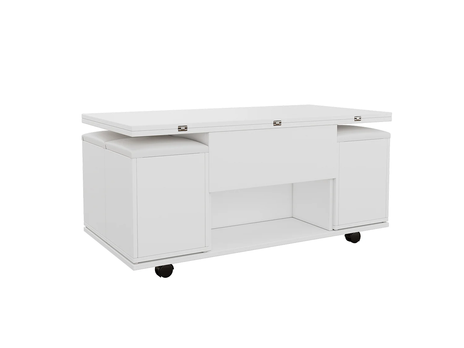 Table basse relevable avec 4 tabourets de rangement et 4 roulettes - Blanc