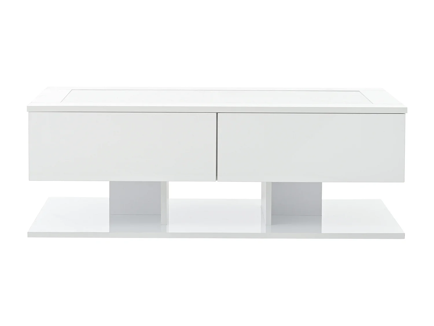 Table basse blanche avec 2 tiroirs et éclairage LED , plateau en verre , finition brillante.