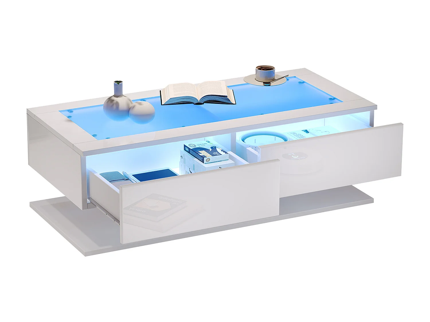 Table basse blanche avec 2 tiroirs et éclairage LED , plateau en verre , finition brillante.