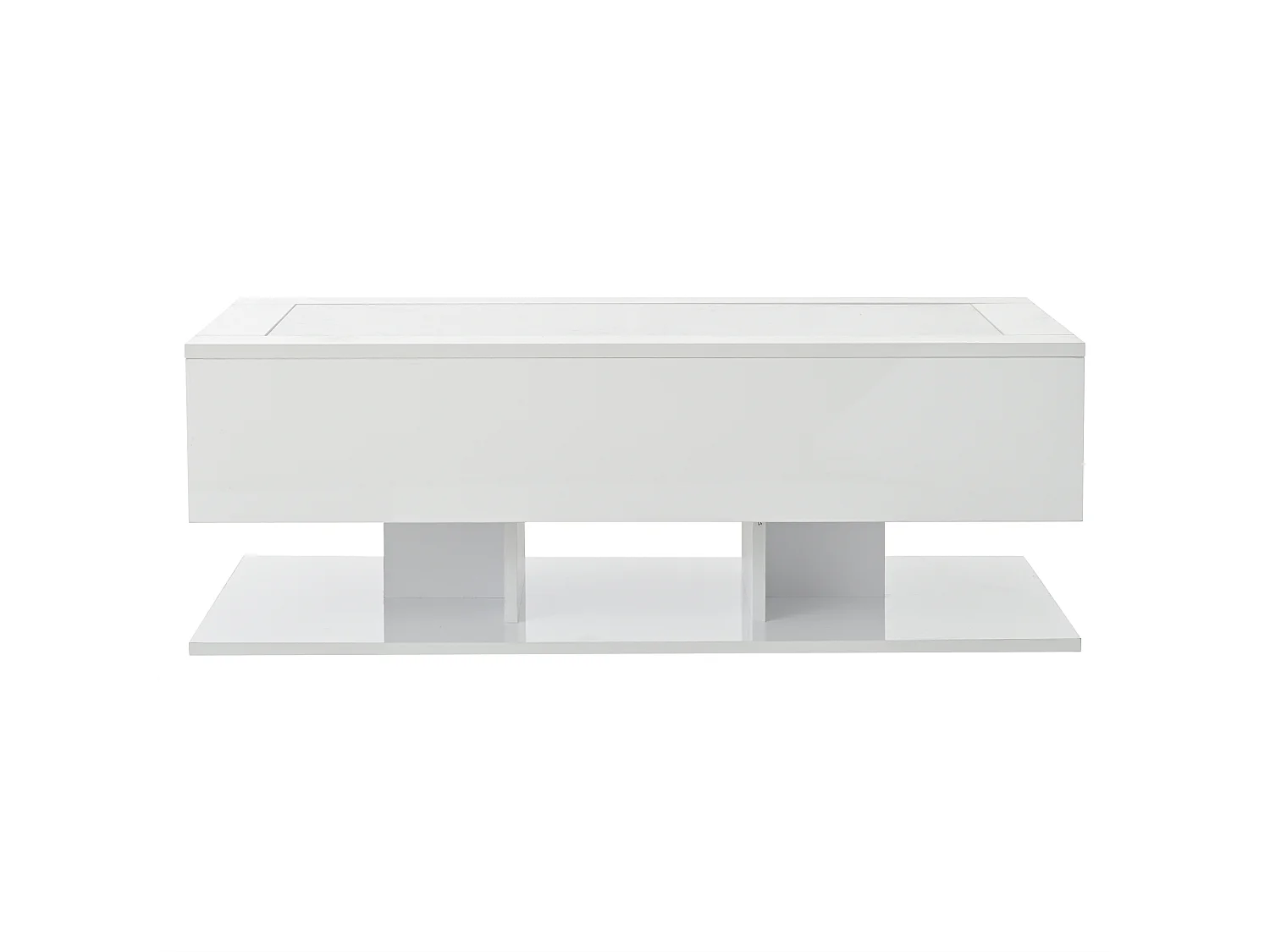 Table basse blanche avec 2 tiroirs et éclairage LED , plateau en verre , finition brillante.