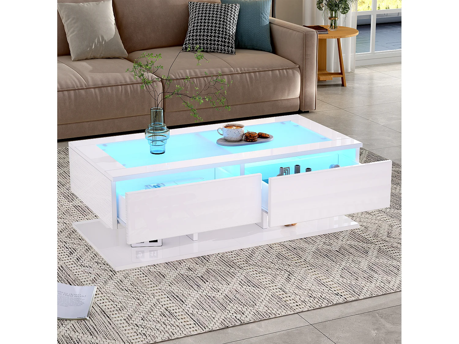 Tavolino bianco con 2 cassetti e illuminazione a LED, piano in vetro, finitura lucida.