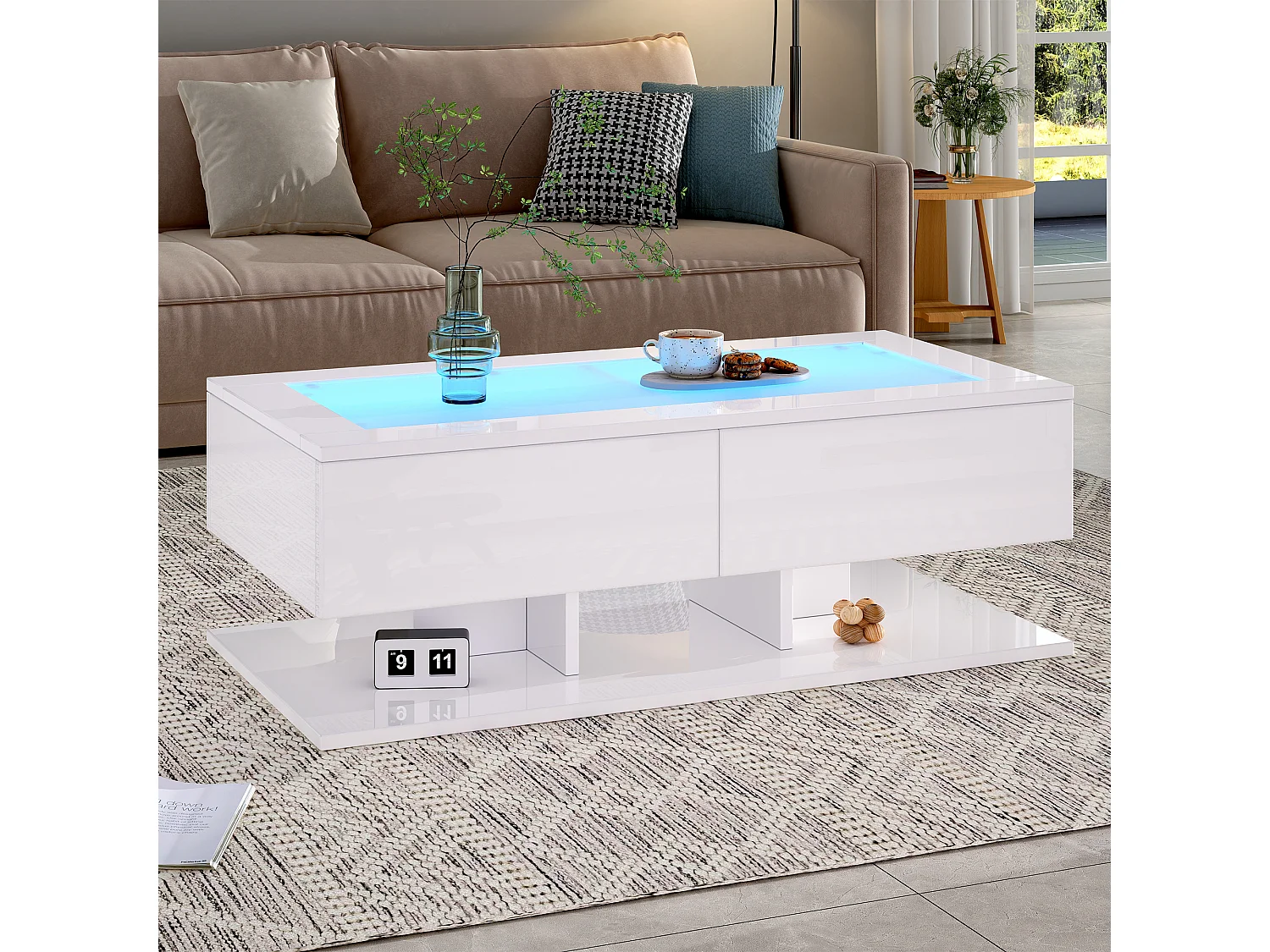 Tavolino bianco con 2 cassetti e illuminazione a LED, piano in vetro, finitura lucida.