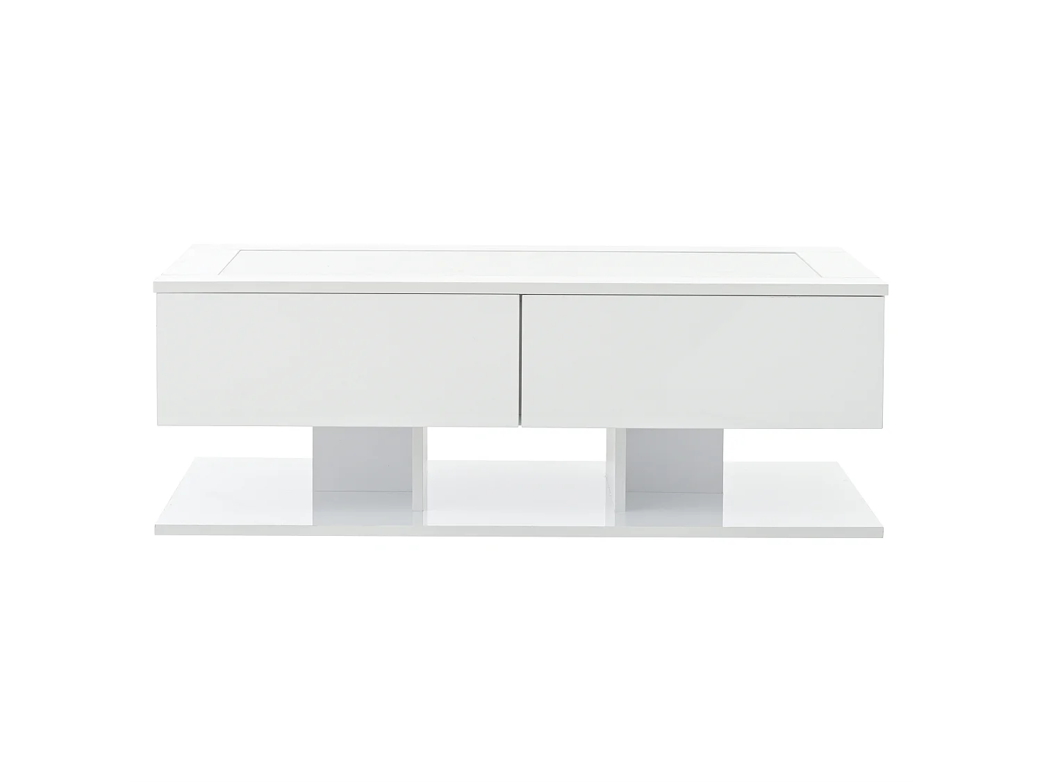 Tavolino bianco con 2 cassetti e illuminazione a LED, piano in vetro, finitura lucida.