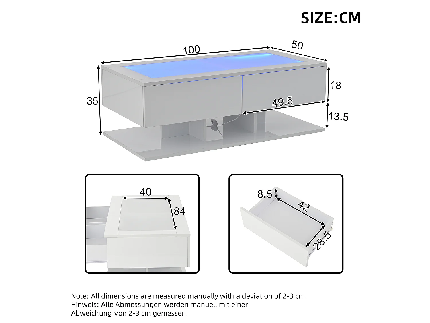 Tavolino bianco con 2 cassetti e illuminazione a LED, piano in vetro, finitura lucida.