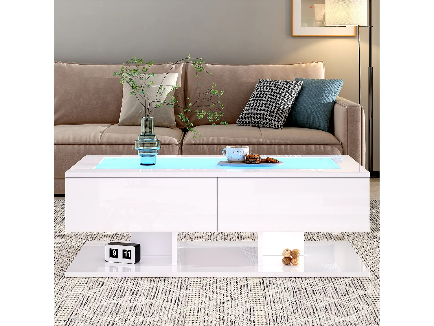 Tavolino bianco con 2 cassetti e illuminazione a LED, piano in vetro, finitura lucida.