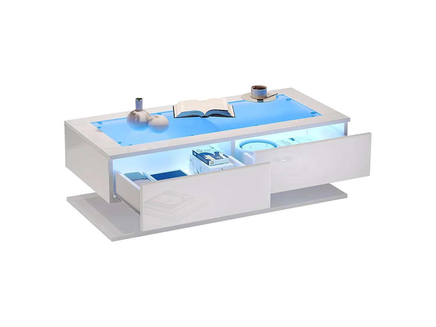 Tavolino bianco con 2 cassetti e illuminazione a LED, piano in vetro, finitura lucida.
