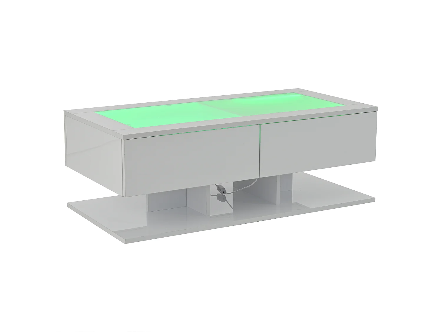 Tavolino bianco con 2 cassetti e illuminazione a LED, piano in vetro, finitura lucida.
