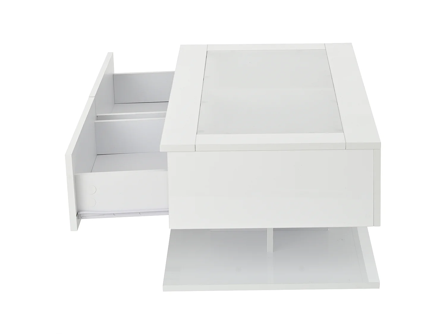 Tavolino bianco con 2 cassetti e illuminazione a LED, piano in vetro, finitura lucida.