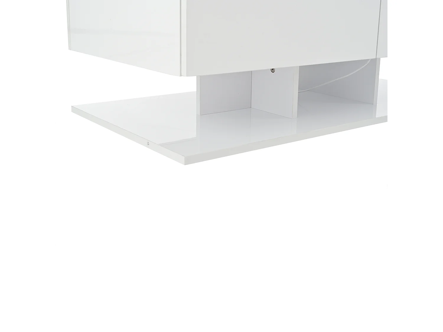 Tavolino bianco con 2 cassetti e illuminazione a LED, piano in vetro, finitura lucida.