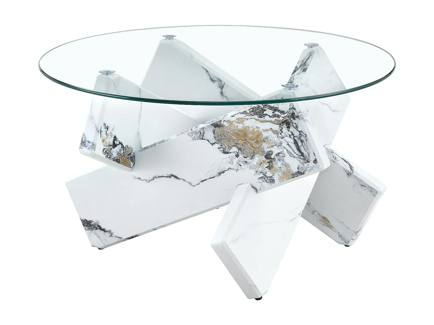 Ronde salontafel met poten in wit marmereffect - Glazen blad