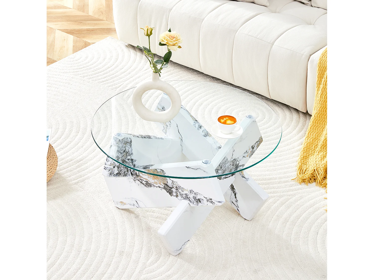 Table basse ronde avec pieds effet marbre blanc - Plateau en verre